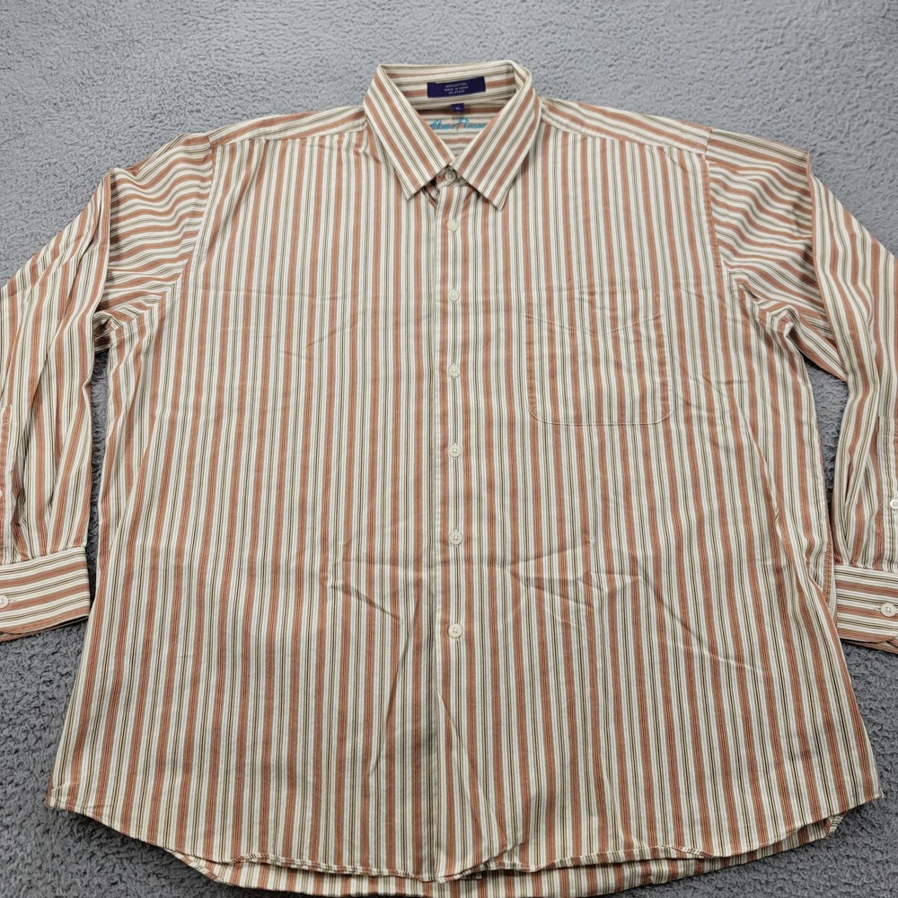 Alan Flusser Shirt Mens XL Tan Orange Striped Button Up Long Sleeve Classic
